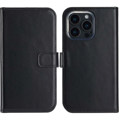 Afbeelding van Selencia Hoesje Geschikt voor iPhone 16 Pro Max Met Pasjeshouder Echt Lederen Bookcase Zwart