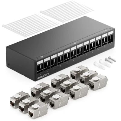 Afbeelding van deleyCON 12 Poorts Patchpanel Set Patch Field 1HE + 12x RJ45 Keystone Jack Module STP CAT6a Compatibel met Installatiekabels CAT5 CAT6 CAT7 Netwerkkabel Ethernet LAN DSL Zwart