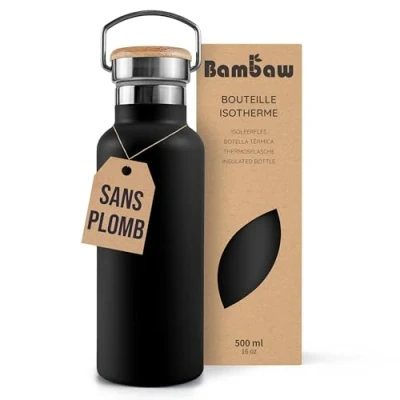Afbeelding van Bambaw Geïsoleerde waterfles, 500 ml, zwart, roestvrijstalen lekvrij, metalen waterfles voor warme dranken, camping diepzwart