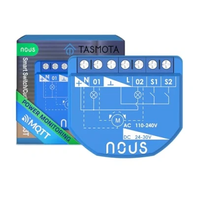 Afbeelding van NOUS Tasmota WiFi Schakelmodule, 16 A, 2 kanalen met vermogensmeting/1 kanaals gordijnmodule, ESP32, temperatuursensor, mat en MQTT, droogcontacten, compatibel Alexa, Home