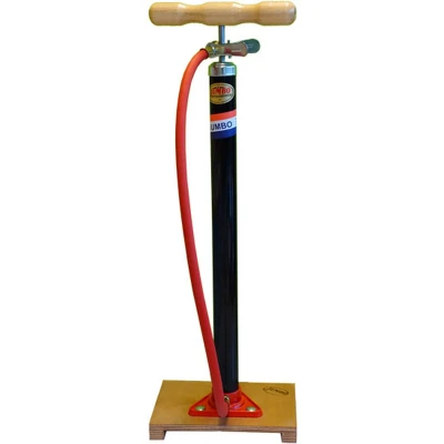 Afbeelding van Fietspomp Jumbo met slang op plank Houten Voetplank Incl. Hogedrukslang Klemnippel Fietsonderhoud