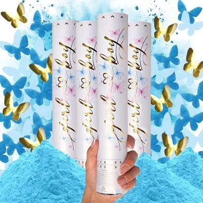 Afbeelding van Canon Gender Reveal Confetti, 4 stuks, confettikanon en poeder in de vorm van een blauwe vlinder, confettiwerper, confettikanon, poeder, confettibom