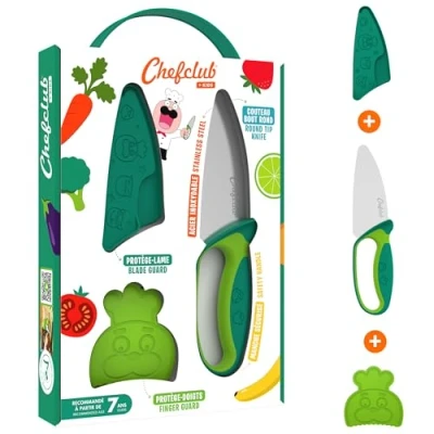 Image de CHEFCLUB NETWORK Kit Couteau de Cuisine pour Enfants avec Lame Acier Inoxydable Protège Doigts et Lame, Ustensile Sécurisé Ergonomique Recommandé à Partir 7 Ans (Vert)