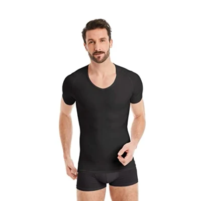 Afbeelding van FINN Corrigerend compressieshirt voor heren met buikcontrole Katoenen onderhemd korte mouwen Body Shaper een plattere buik, zwart.