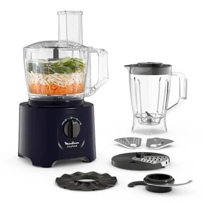 Afbeelding van Moulinex Easy Force Multifunctionele keukenmachine, 800 W, 25 functies, 2 snelheden + pulse, 6 accessoires, inclusief 1 blender, Compact FP247810, nachtblauw