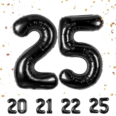 Afbeelding van Verjaardagsballonnen 25 jaar zwart 101 cm verjaardagsdecoraties van een man vrouw opblaasbare cijferballon aluminium beige
