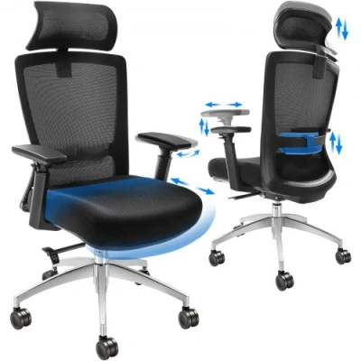 Image de VEVOR Chaise de Bureau Ergonomique avec Support Lombaire Appui Tête Accoudoirs Réglables Fauteuil Inclinable Large Siège Coulissant Confortable Roulettes Pivotantes pour Domicile