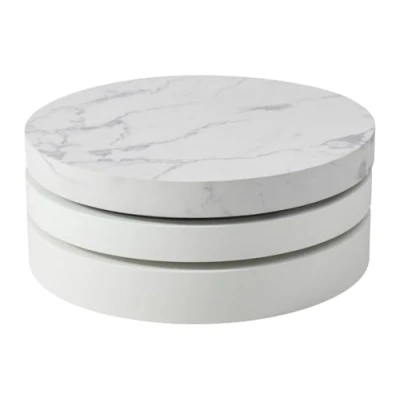Afbeelding van Ronde, draaiende salontafel met 1 nis in MDF witte marmerlook en lak JANITA L 80 cm x H 32.5 D