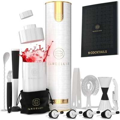 Afbeelding van BarDeluxe® Cocktail Set 12 Delig Cocktailset Shaker Inclusief Cocktailshakerset Cocktailshaker Boek Cadeau voor Man Vrouw Luxe Cadeauverpakking &amp; Bewaarhoes Wit