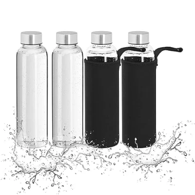 Afbeelding van glazen waterfles set van 4 500 ml anti lek met hoesje