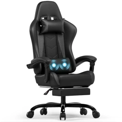Afbeelding van Devoko Gamingstoel, racing, massagestoel met voetsteun, computerstoel lendenondersteuning, massage en hoofdsteun, 90 135, hoge rugleuning, zwart