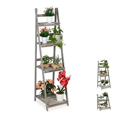 Afbeelding van Relaxdays Bloementrap met 4 treden van hout, opvouwbaar, plantenladder, 160 x 41 50 cm, grijs