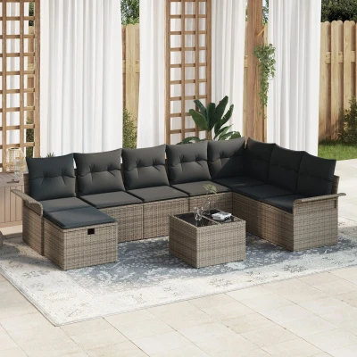 Afbeelding van vidaXL 9 delige tuinset met kussens grijs poly rattan