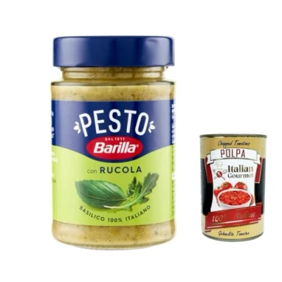 Afbeelding van Barilla pesto Basilico e Rucola 190 g Italiaanse pastasaus glutenvrij met basilicum en rucola, pastasaus, groene + gourmet polpa, 400
