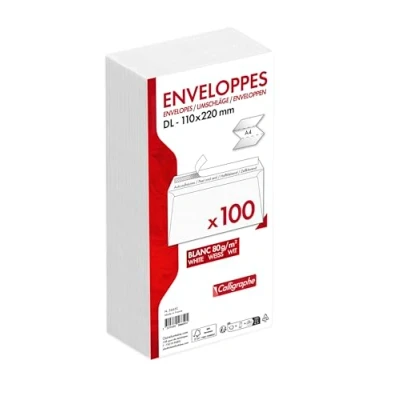 Afbeelding van Clairefontaine Calligraphe (serie Clairefontaine) 5665C, verpakking met 100 witte enveloppen, DL 110 x 220 mm, zelfklevend, 80 g/m²