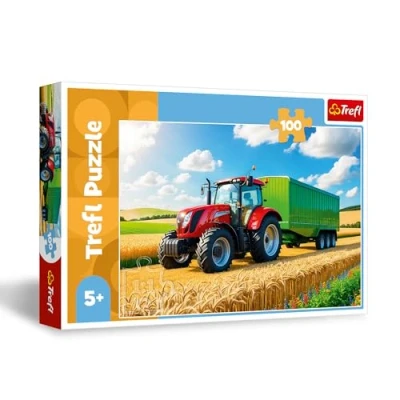 Afbeelding van Trefl Landbouwmachines, een tractor met aanhanger puzzel 100 stukjes voertuigen, creatief entertainment, vrije tijd voor kinderen vanaf 5 jaar