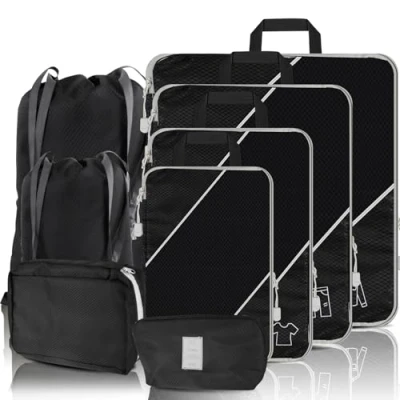 Afbeelding van SINZUX 8 stuks compressieverpakkingskubussen, zwart, rekbaar, ultralicht, voor koffers, opbergzakken rugzak, bagage, reistassen thuisopslag