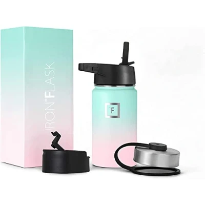 Afbeelding van IRON FLASK Sport Waterfles 410 ml, 3 dopjes (strodopje), lekvrij, vacuüm geïsoleerd roestvrij staal, dubbelwandig, thermomok, metalen veldfles