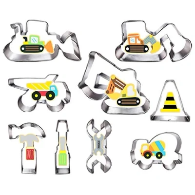 Afbeelding van 9 stuks uitsteekvormpjes voor kinderen, graafmachine, bulldozer, kantelvrachtwagen, hamersleutel, bouwgereedschap, koekjessnijder themafeest