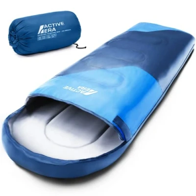 Afbeelding van Active Era Premium Slaapzak 250 GSM Vulling en Waterdicht Met Binnenzak Capuchon 4 Seizoenen, voor Kamperen, Camping, Backpacken, Hiken, Festivals, Logeren, Buitenhuis Volwassenen &amp; Kinderen 210x75cm Blauw