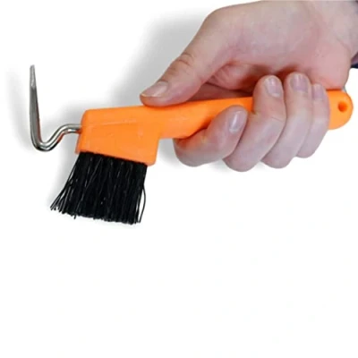 Afbeelding van Hoefschraper voor paarden, ezels, geiten, hoeven met extra stabiele borstel en ergonomische handgreep (neonoranje, 1 stuk)