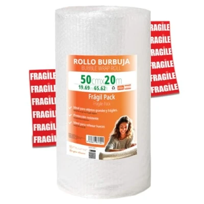Afbeelding van OFITURIA Luchtkussenfolie 50 cm x 20 m breekbare verpakking met 12 etiketten ideaal voor verpakking, noppenfolie, verhuizing, luchtbellen