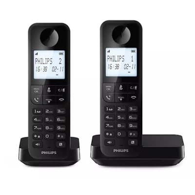Afbeelding van Philips Duo D2702B Draadloze vaste telefoon, 4,6 inch display met achtergrondverlichting, verticale microfoon, handsfree bellen, tot 14 uur, geoptimaliseerde antenne, twee telefoons, zwart