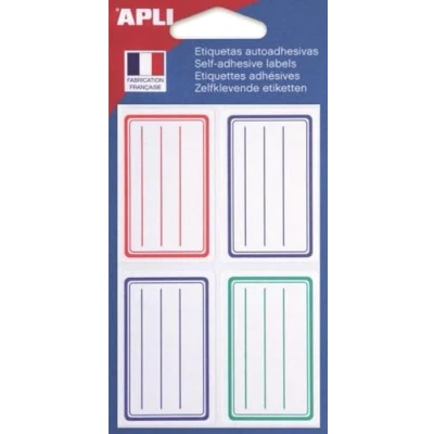 Afbeelding van APLI 101096 schooletiketten, gelinieerd, blauw, rood, groen, 36 x 56 mm, afgeronde hoeken