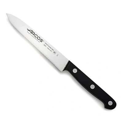Afbeelding van ARCOS Roestvrijstalen schilmes, gekarteld tomatenmes voor snijden en hakken. Ergonomische handgreep van polyoxymethyleen lemmet 130 mm. Universele serie. Kleur zwart.