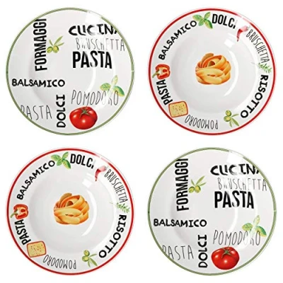 Afbeelding van MamboCat Set van 4 witte pastatellers versierd tafelservies rood en groen aardewerk servies met kleurrijke opschriften motieven porseleinen soepborden voor soepen salades