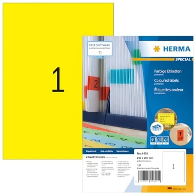 Afbeelding van HERMA 100 stuks A4 etiketten gekleurd (210 x 297 mm, vellen, papier, mat) zelfklevend, bedrukbaar, permanent etiketten, geel