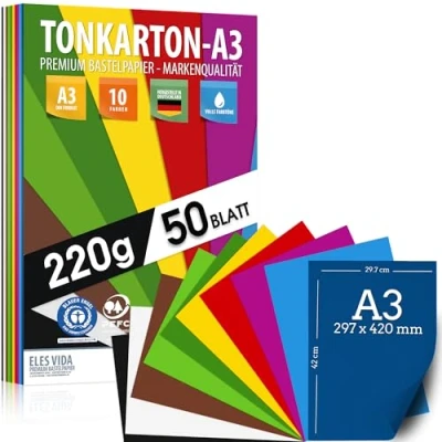 Afbeelding van 50 vellen gekleurd papier CARDBOARD A3 220 g set 10 kleuren knutselpapier dik, gekleurde karton voor kinderen, doe het vellen, kaartenaccessoires creatieve behoeften, MADE IN GERMANY