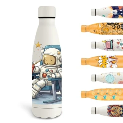 Afbeelding van Grsta 500 ml thermosfles voor kinderen, gepersonaliseerde waterfles met astronaut, lekvrije metalen fles, BPA vrij, vacuüm geïsoleerd, school, kantoor, camping, wit