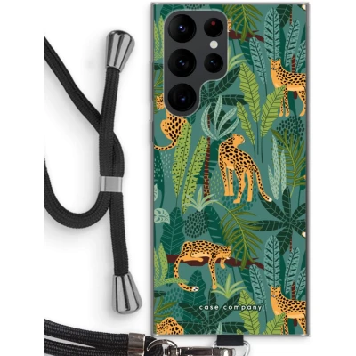 Afbeelding van Case Company® hoesje met Koord geschikt voor Samsung Galaxy S22 Ultra Luipaard 2 Telefoonhoesje Zwart Bescherming aan alle Kanten en Over de Schermrand
