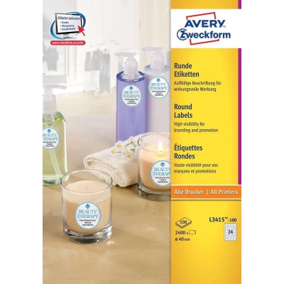 Afbeelding van Avery Zweckform L3415 100 Ronde Etiketten, Diameter 40 Mm, 2400 Wit Etiket