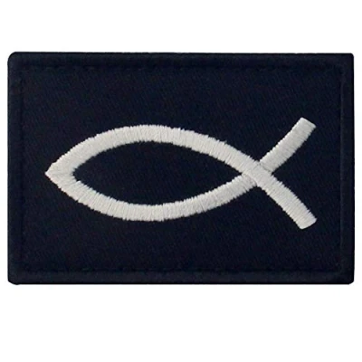 Afbeelding van Jezus Fish Ichthys Geborduurd Haak en lus Patch, Wit Zwart