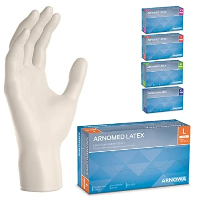 Afbeelding van poedervrije ARNOMED latex handschoenen voor eenmalig gebruik L, 100 stuks/doos, wegwerphandschoenen, gebruik, verkrijgbaar in de maten XS, S, M, L &amp; XL