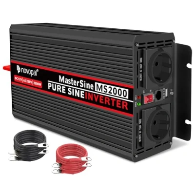 Afbeelding van novopal Power Inverter Pure Sinusgolf 2000 Watt 12V DC naar 230V/240V AC Converter 2AC EU stopcontacten Auto omvormer met een USB poorten 5 meter afstandsbediening en twee koelventilatoren Peak 4000