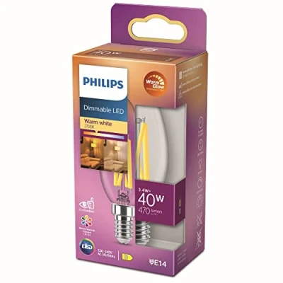 Afbeelding van Philips Led kaarslamp, warmwit licht, E14 40 W, transparant, dimbaar, energiezuinig, filamentlamp
