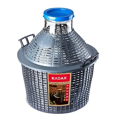 Afbeelding van KADAX glazen ballon, fermentatieballon met kunststof mand, brede opening, rubberen stop, wijnballon, fermentatieballon, fles, gallon, fermentatiehouder, gaarbakje (5 liter).