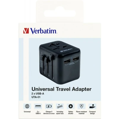 Afbeelding van Verbatim oplaadadapter, universeel reizen, UTA 01, zwart 100 250V, 2x USB Type A, detailhandel
