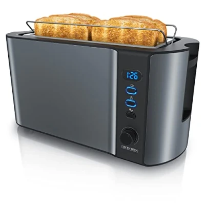 Image de arendo Grille Pain 2 Larges Fentes 4 tranches écran Digital Automatique 3en1 1500W 6 Niveaux réglable décongélation réchauffe viennoiseries Plateau à miettes Toaster Cool Grey