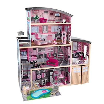 Afbeelding van KidKraft Sparkle poppenhuis van hout, inclusief accessoires en meubels met kat, lift, garage zwembad voor poppen 30 cm, speelgoed kinderen vanaf 3 jaar, 65826
