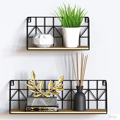 Afbeelding van Gadgy Wandrekken Industrieel Set van 2 Wandrek Zwart met Hout Wanddecoratie Woonkamer Muurdecoratie Metaal Wandplank zwevend voor Slaapkamer Boekenrek 30 en 45 cm