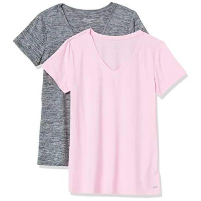 Image de Amazon Essentials T shirt Tech à manches courtes et col en V, extensible (disponible grande taille) Dames, 2 Pack, Gris Teinture Spatiale/Rose Clair, XXL