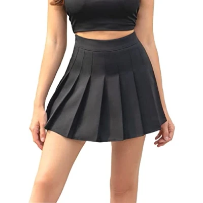 Afbeelding van Hoerev Korte rok voor dames, meisjes, hoge taille, plooirok, tennisrok, schoolrok, zwart.