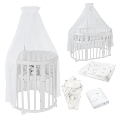 Afbeelding van Waldin OWAL Baby Bed 7in1, Lit à Barreaux avec Matelas, Commode Langer, Évolutif Bébé Ovale Matelas et Roulettes, Bois Blanc, Tissus Branches Blanc
