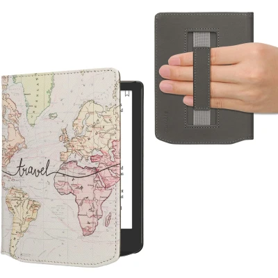 Afbeelding van kwmobile E reader hoesje geschikt voor Pocketbook Verse / Pro Color Vivlio Light HD hoes flip case met magneetsluiting Ereader cover Travel Wereldkaart design in zwart meerkleurig