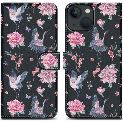 Afbeelding van Cadorabo Hoesje geschikt voor Apple iPhone 13 MINI Design Kraan &amp; Bloemen No. 9 Beschermhoes Case Cover met magnetische sluiting, standaardfunctie en kaartvakje