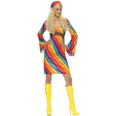 Afbeelding van Regenboog Hippie jurkje 70s verkleedkleding maat S (36 38)